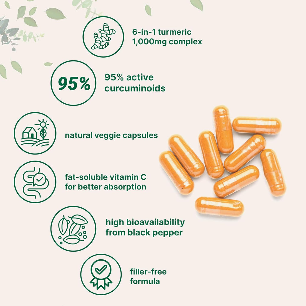 Pure Turmeric Curcumin Supplement 1,000mg | 95% Curcuminoids | 120 Veggie Capsules with Bee Propolis, Ginger, MCT Oil, Fat Soluble Vitamin C, & Black Pepper for Better Absorption | Filler Free