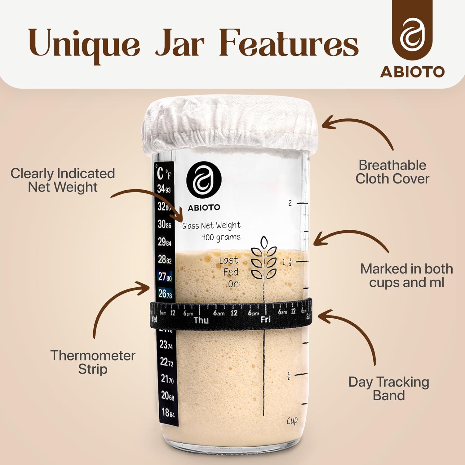 Sourdough Starter Kit, Includes 24 oz Sourdough Starter Jar with Metallic Lid, Silicone Spatula, Feeding Tracker, Extra Thermometer Strips & Breathable Covers - Sourdough Bread Starter Kit
