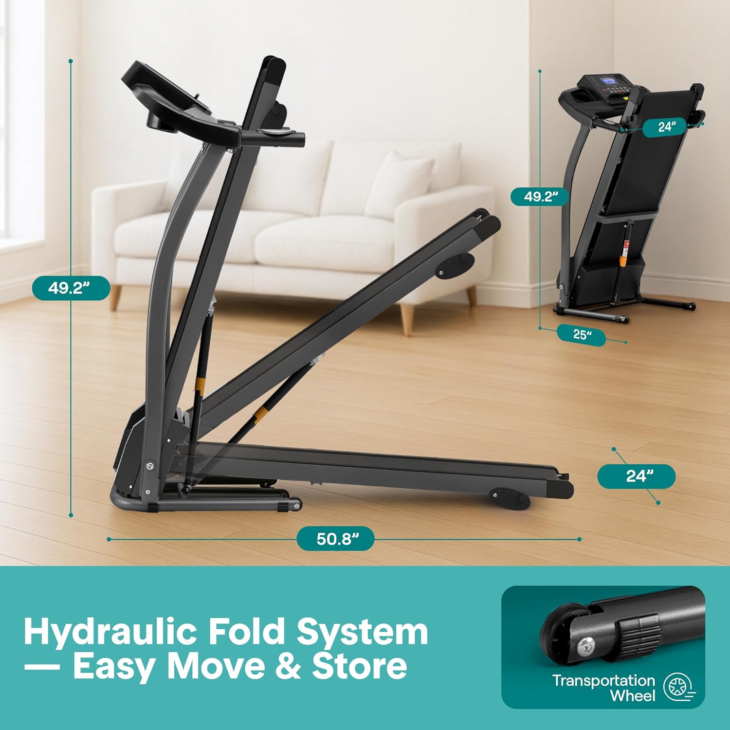 Electric Folding Treadmill Exercise Machine - Smart Compact Digital Fitness Treadmill Workout Trainer w/Bluetooth App Sync, Manual Incline Adjustment, for Walking, Running, Gym