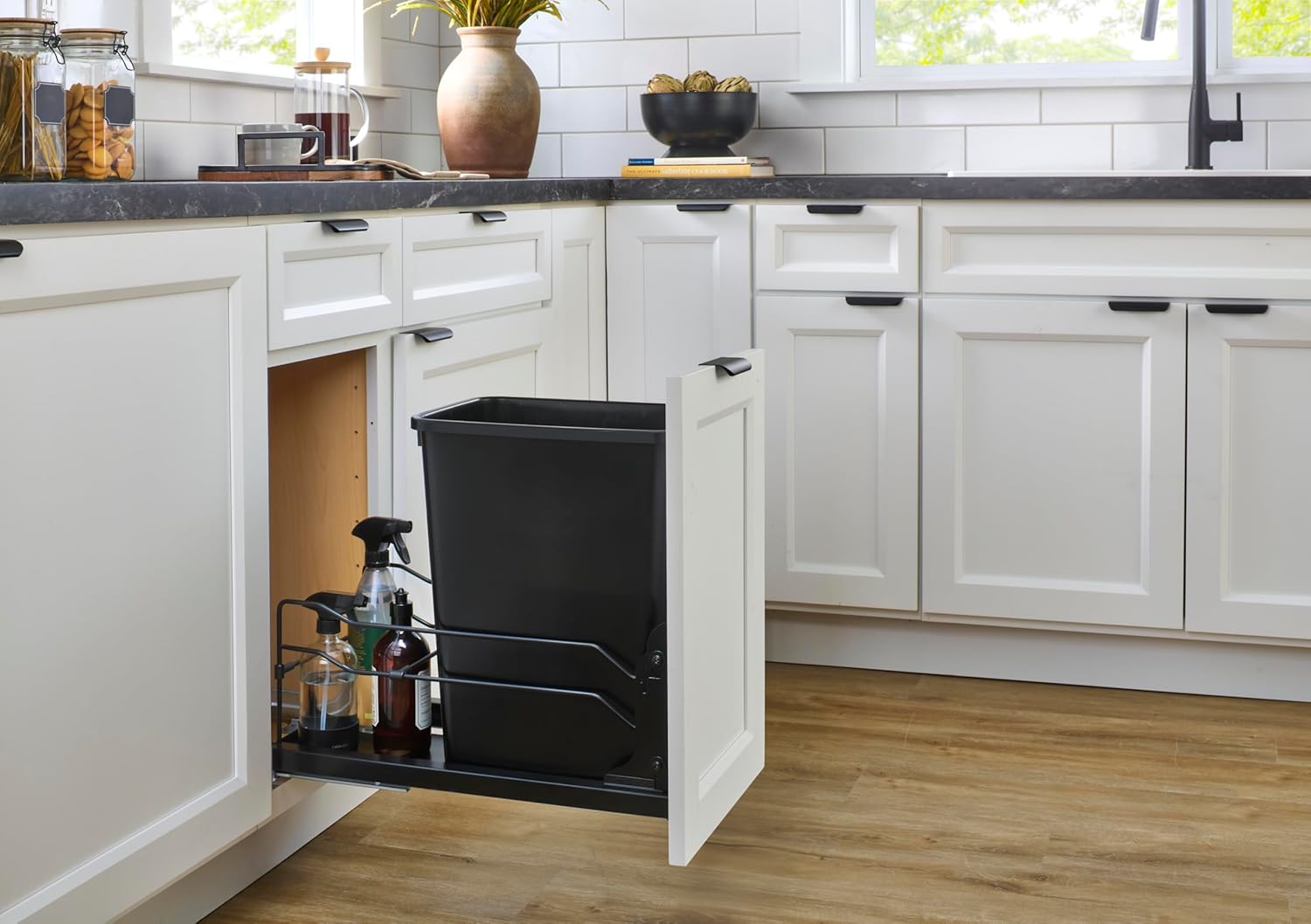 Rev-A-Shelf Pullout Trash Can for Base Kitchen Cabinets 35 Quart 8.75 Gallon with Soft-Close Slides and Rear Storage, White, 53WC-1535SCDM-111