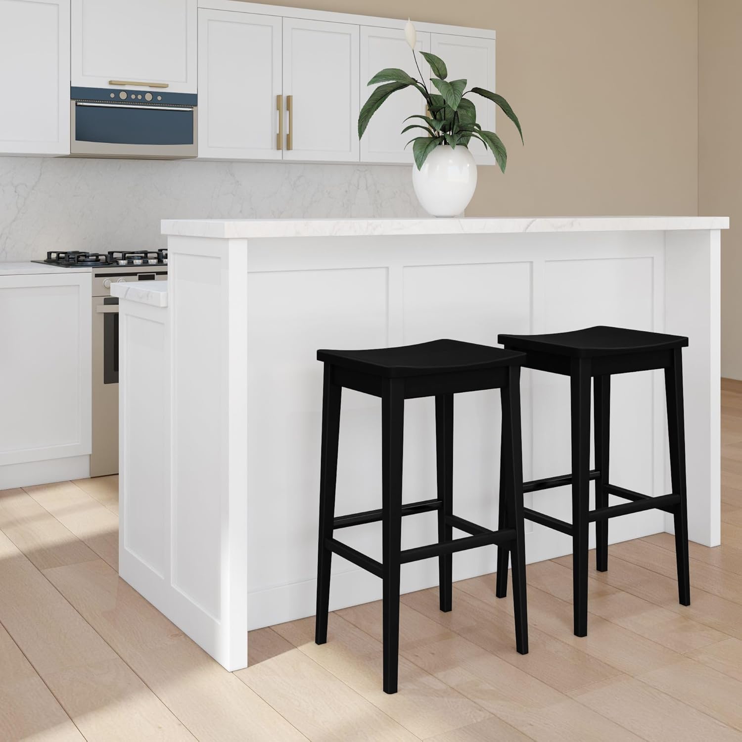Plank+Beam Smythe Bar Stool, 30inch, Set of 2, Sturdy Wood Modern Kitchen Bar Height Stool, Saddle Seat Backless Counter Chair, Metal Footrest, Black
