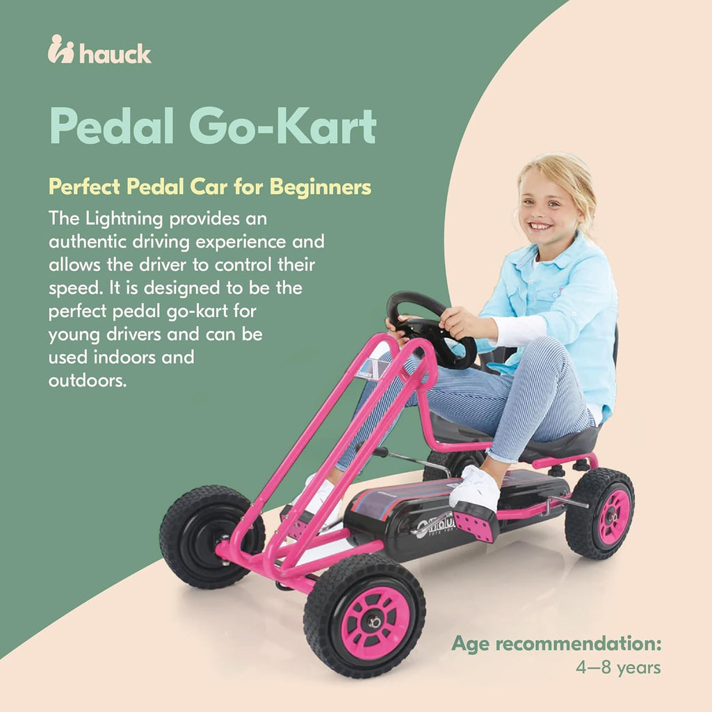 hauck Kids Pedal Go Kart, 4 Wheel Bike Cart, Ages 4-8, Lightning Ride, Pink - Outdoor Bicycle Karts with Plastic Wheels for Boys and Girls