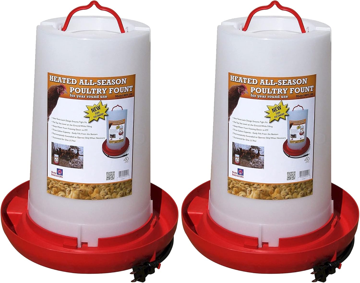 Farm Innovators 2 Pack Heated Chicken Waterer, Poultry Water Fountain, 3 Gallon