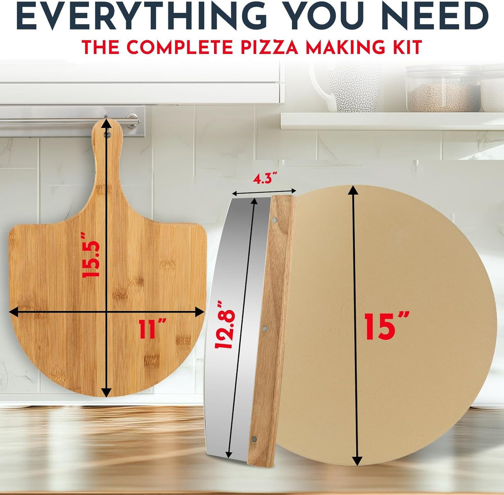 3PCS Round Pizza Stone for Oven Set 15inch - Comes with Pizza Peel for Oven and Cutter - Cordierite Stones for Bread, Calzone, Cookies