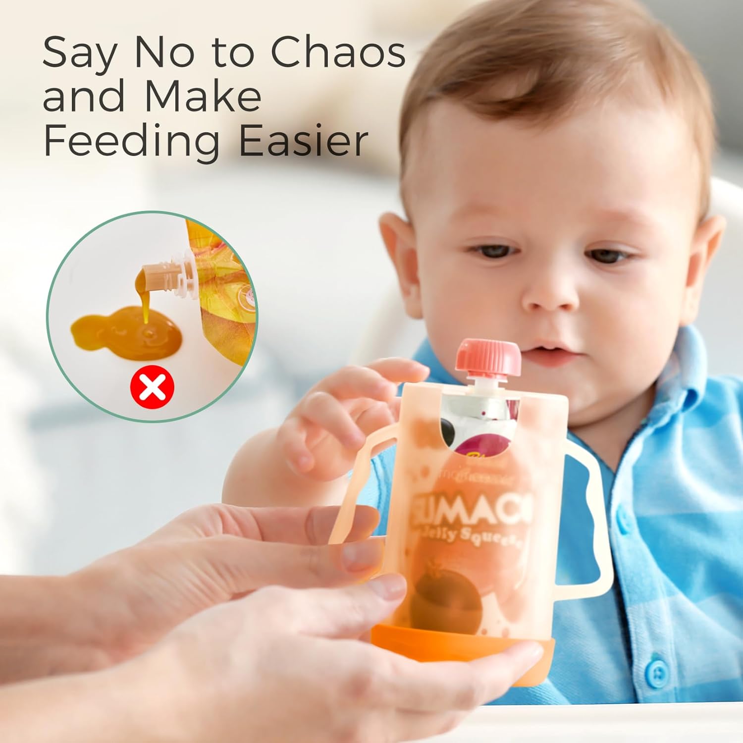 Momcozy Squeeze Pouch Holder for Food Pouches and Drink Boxes, Baby Pouch Holder Allows Baby to Self-feed and Avoid Messes, Baby Food Pouch Holder Handle is Easy to Grip, Comfortable, Green&Orange