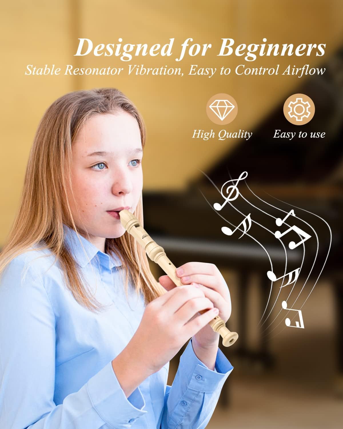 Eastar Soprano Recorder Instrument for Kids Beginner, Baue Fingering C Key with Cleaning Kit, Thumb Rest, Cotton Bag, Fingering Chart, ERS-21BN, Natural, School-Approved