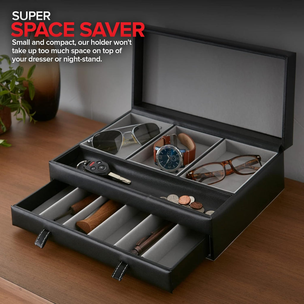 Stock Your Home Mens Valet Tray, Men's Jewelry Box, Night Stand Organizers and Storage, Bedside Table Organizer, Watch Box for Dresser, Faux Leather (Black Gray)