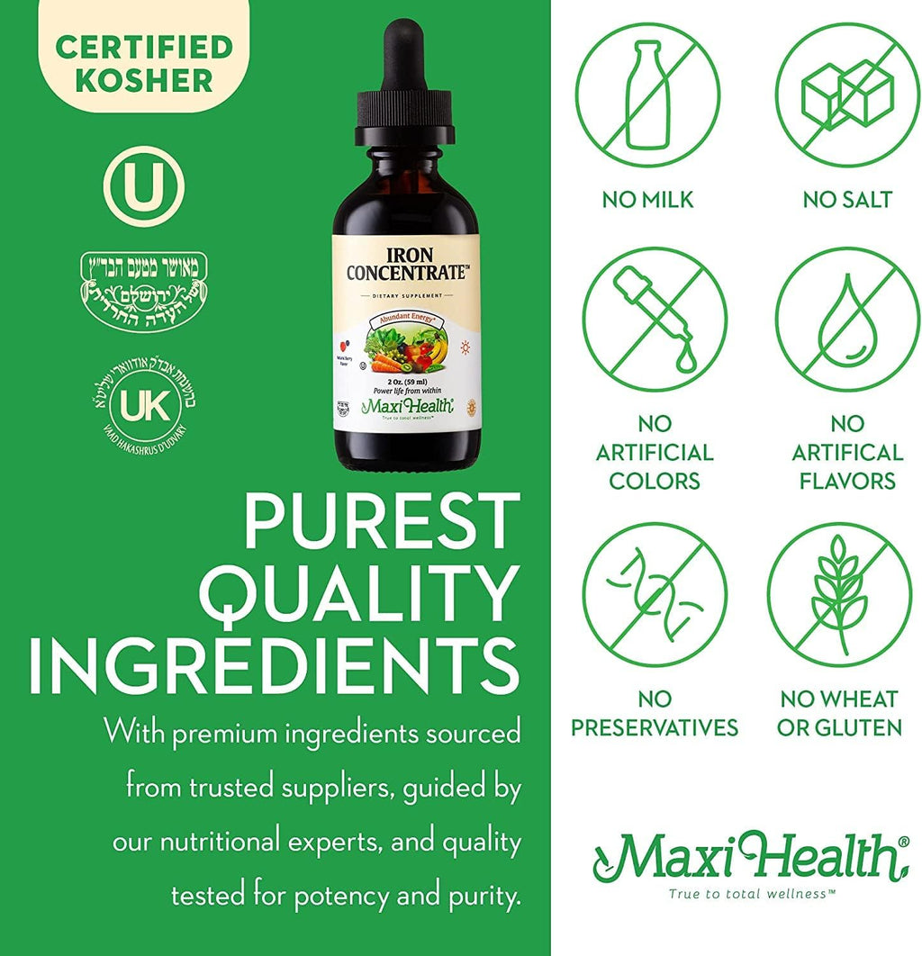 Maxi Health Iron Supplement 15mg Per ML ¨C Increase Energy and Blood Levels Without Nausea or Constipation ¨C Liquid Iron Drops for Men, Women, and Kids ¨C 2 oz. (2 oz, 2 Pack)