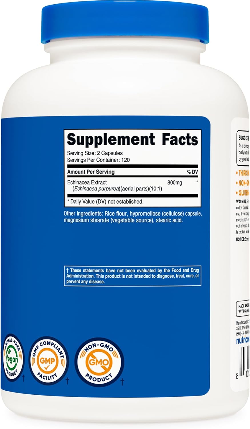 Nutricos Echinace 800mg 24 Capsule Vegetaria Caps No GMO Glute Free 12 Servings