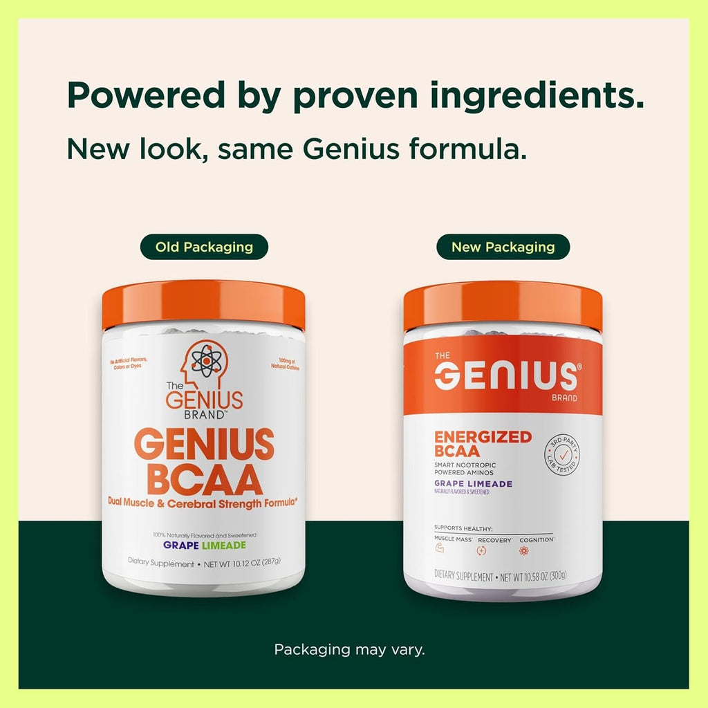 Genius BCAA Powder - 5g Vegan BCAAs L-Glutamine, Cognizin & Rhodiola Muscle Recovery Energy Support 100mg Caffeine Pre, Intra, Post-Workout Nootropic Supplement for Focus & Performance - Grape Limeade