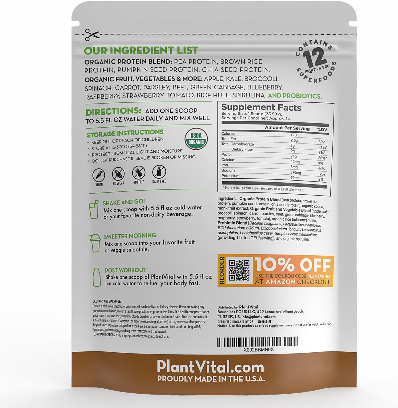 Plantvital Vegan Protein Powder Plant Based, Organic Protein Powder Chocolate 24g/0g Sugar, 12 Superfoods, Veggies, Probiotics, Raw Cocoa, Kale, Beets, Spirulina, Pea, Gluten-Free, Keto-Friendly,16oz