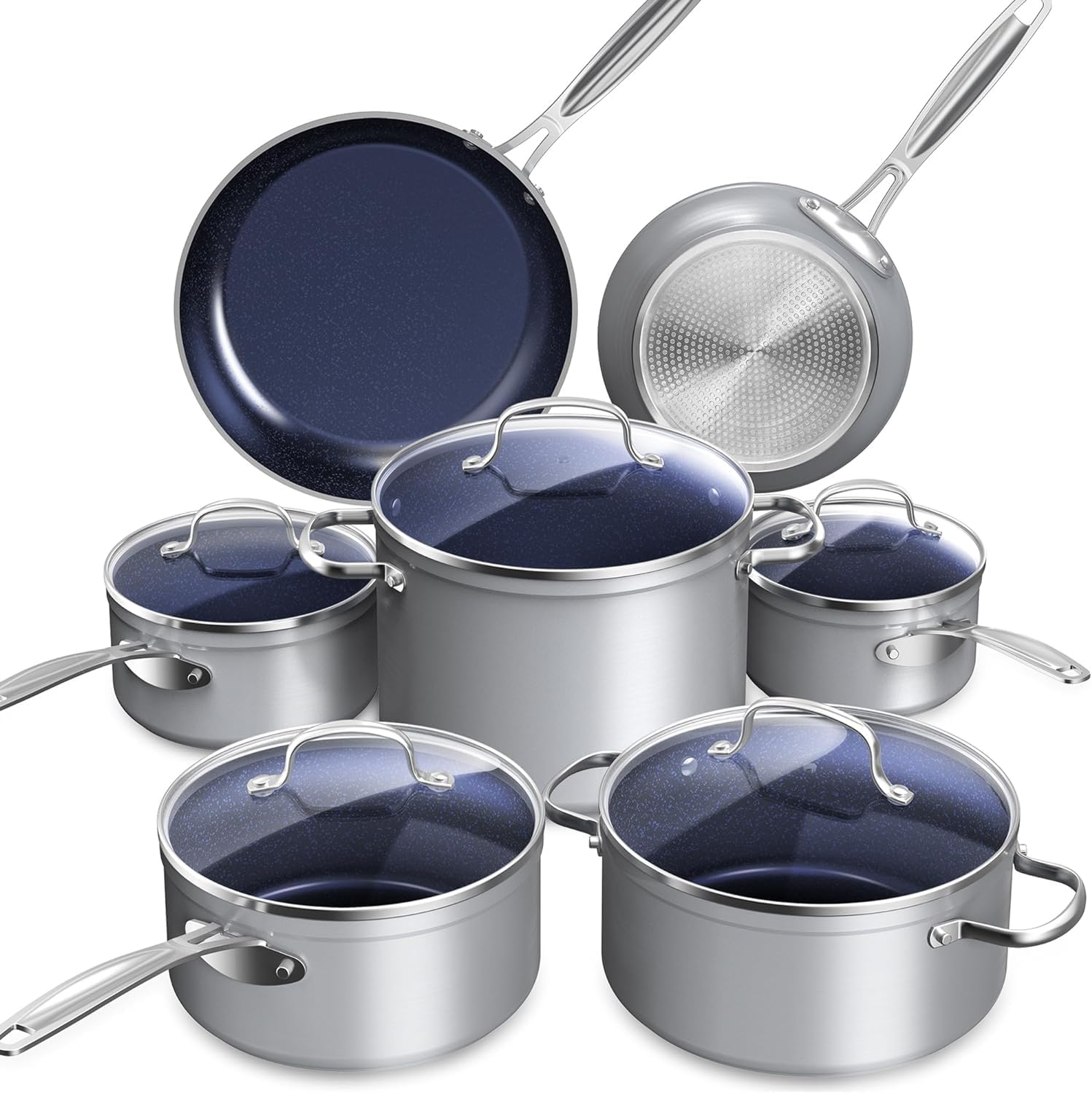 Healthy Duralon Blue Ceramic Nonstick Cookware Set, Diamond Infused Scratch-Resistant, PFAS Free, Dishwasher Oven Safe, Induction Ready Evenly Heats, Tempered Glass Lids Stay-Cool Handles