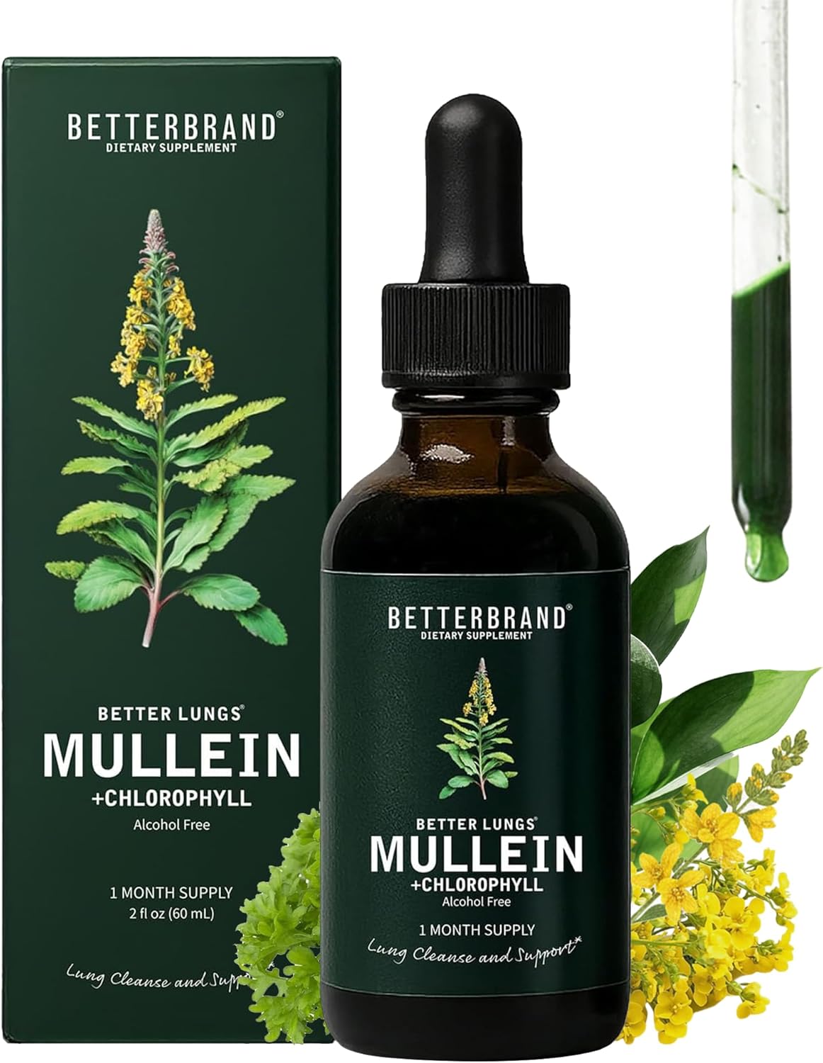 Betterbran Mullei Drop fo Lun Deto Mullei Lea Tinctur wit Chlorophyl Help Suppor Respirator Health Alcohol-Free Mont Suppl 60ml