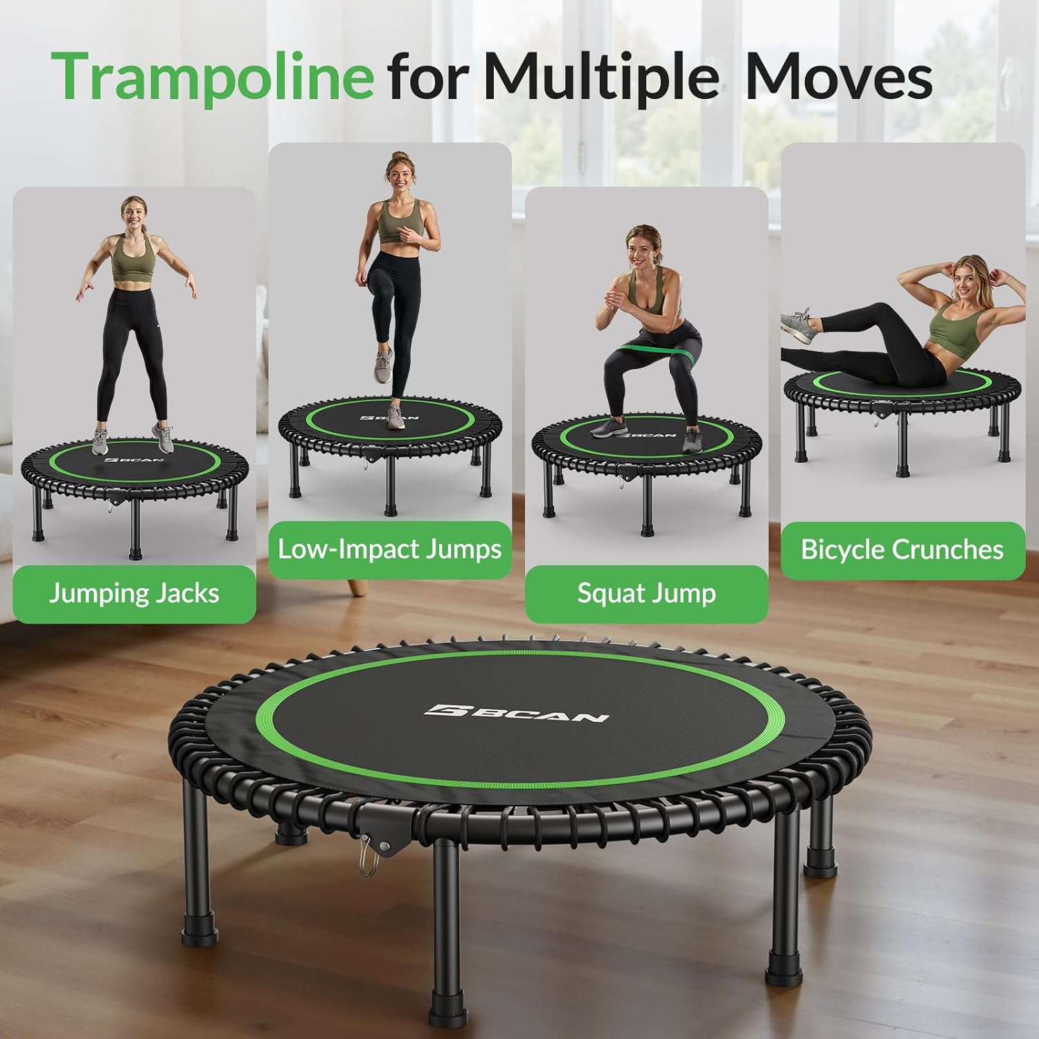 BCAN 450LBS/550LBS Foldable Mini Trampoline, 40inch/48inch Adult Fitness Trampoline with Durable Bungees, Stable & Quiet Exercise Rebounder,Great Mini Trampoline for Indoor/Garden Workout