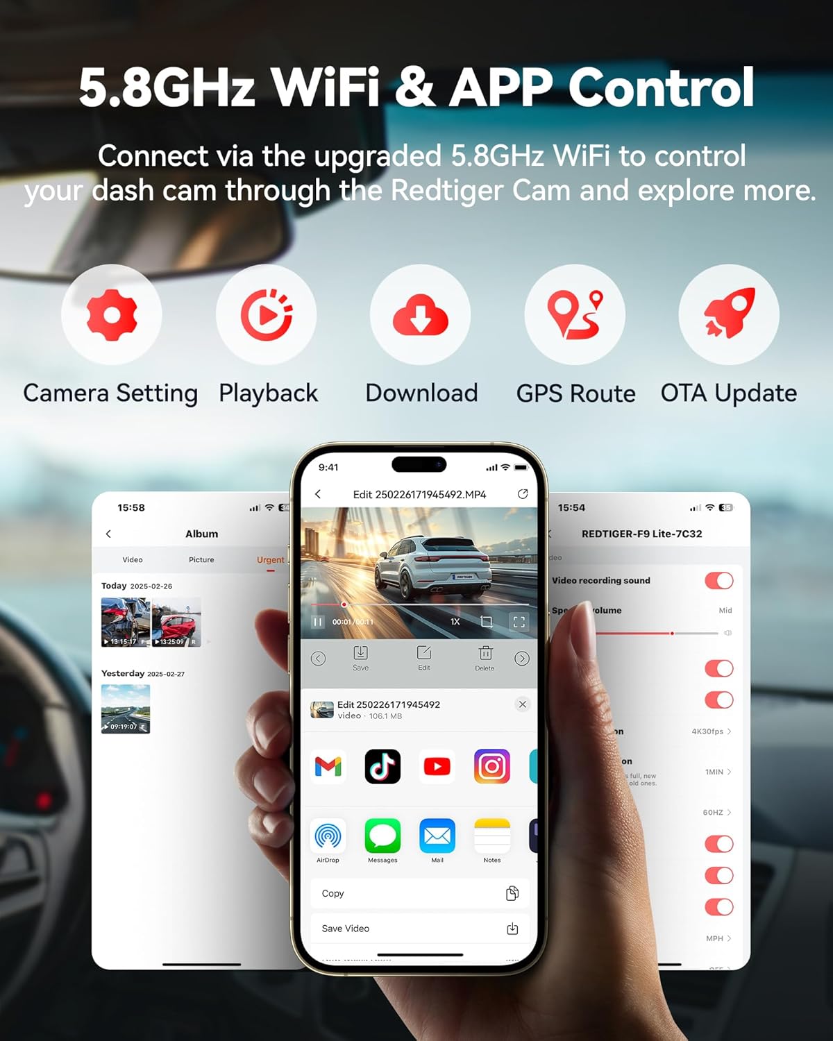 REDTIGE F Das Ca 4 Fron an Rea 1080P WiF GP Ca Camer wit 32G Card Dua Das Camer fo Cars Loo Recording Nigh Vision Parkin Mode Smar Ap Control Suppor 256G Max