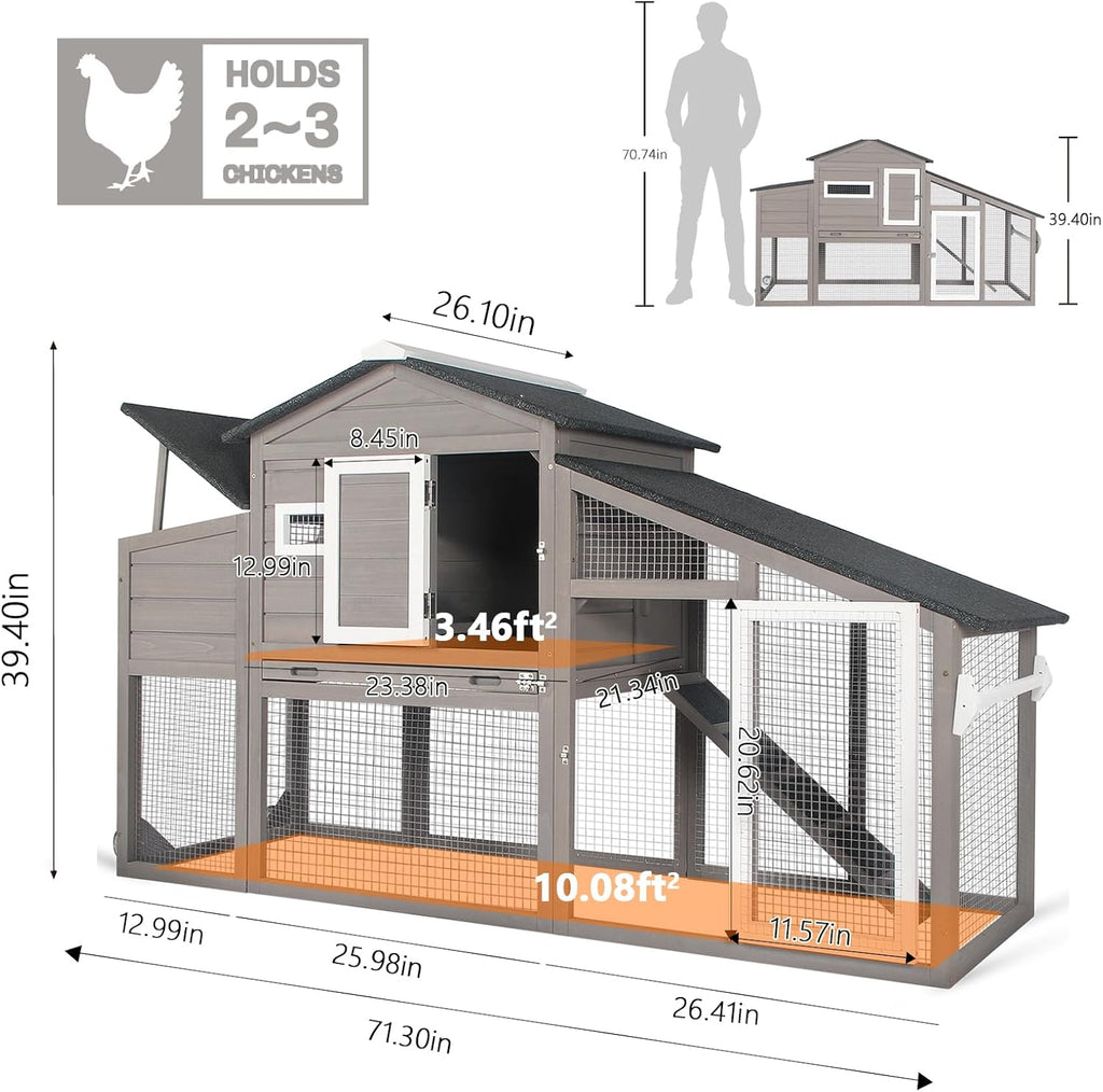 PetsCosset Chicken Coop Wooden Backyard Hen House - Indoor Outdoor for 2-3 Chickens, 2 Story Poultry Cage with Run, Chicken Nesting Box, Pull Out Trays and Anti-Slip Asphalt Ramp
