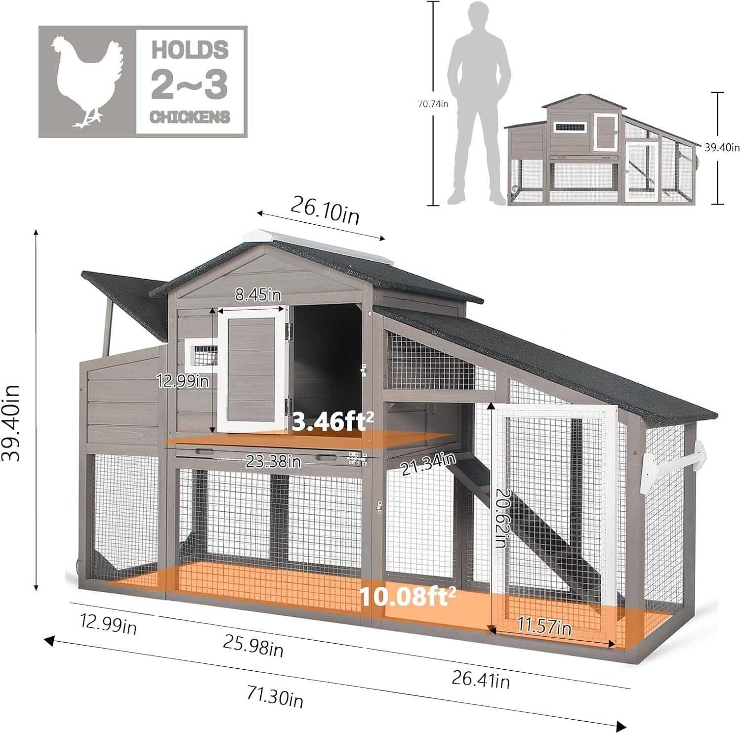 PetsCosset Chicken Coop Wooden Backyard Hen House - Indoor Outdoor for 2-3 Chickens, 2 Story Poultry Cage with Run, Chicken Nesting Box, Pull Out Trays and Anti-Slip Asphalt Ramp
