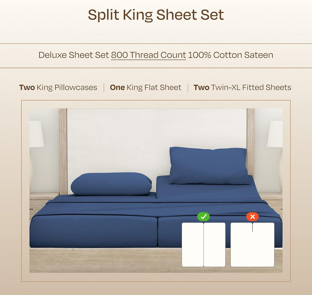 California Design Den Split King Sheets Sets for Adjustable Bed - Luxury Hotel 800 Thread Count Sateen, Natural 100% Cotton Bed Sheets, Deep Pockets Durable Bedding Set - Navy Blue