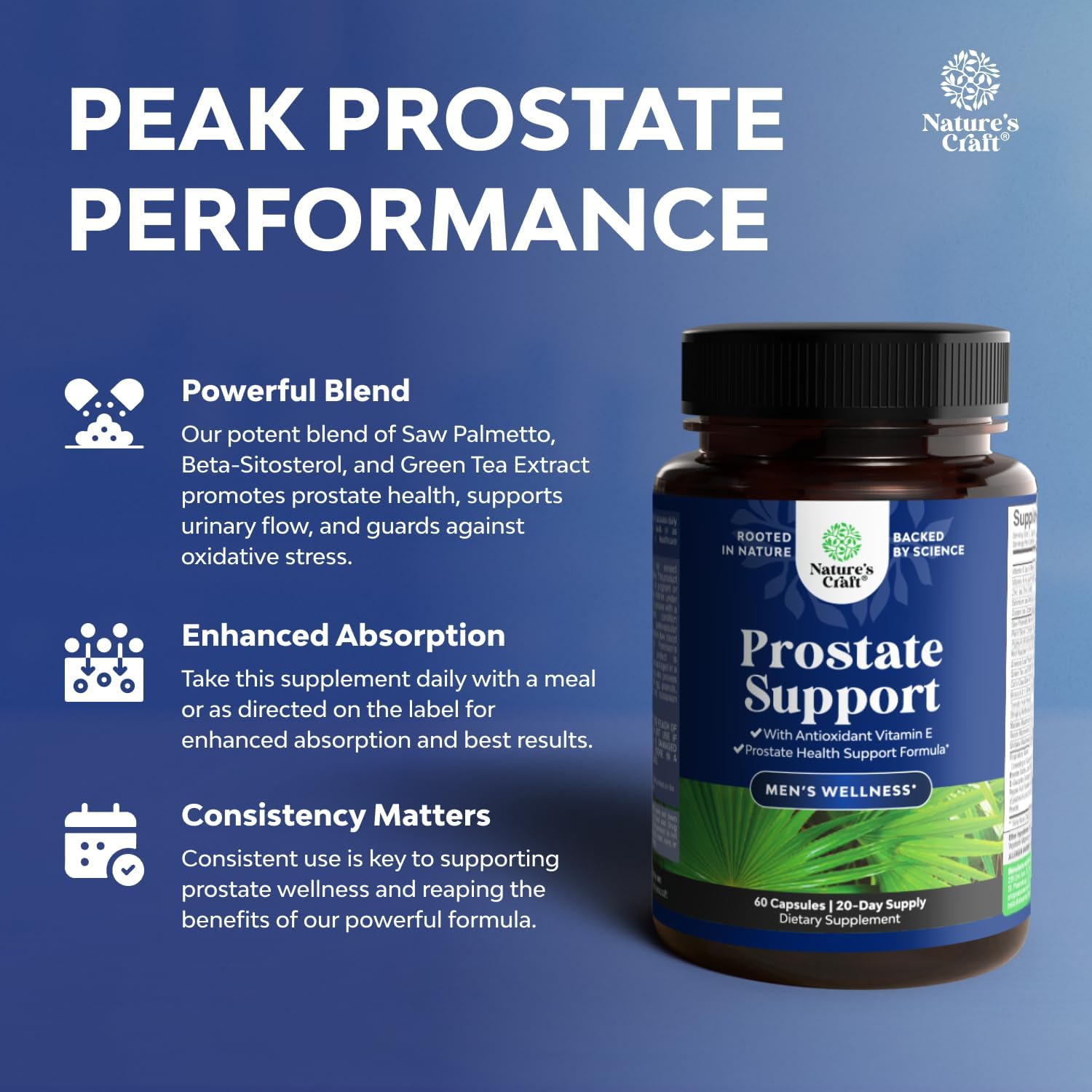 Herbal Saw Palmetto Male Supplement - Potent Pygeum and Saw Palmetto Extract with Beta Sitosterol & Green Tea Supplements for Adult Males for Urinary Tract Support & Frequent Urination - 60 Capsules