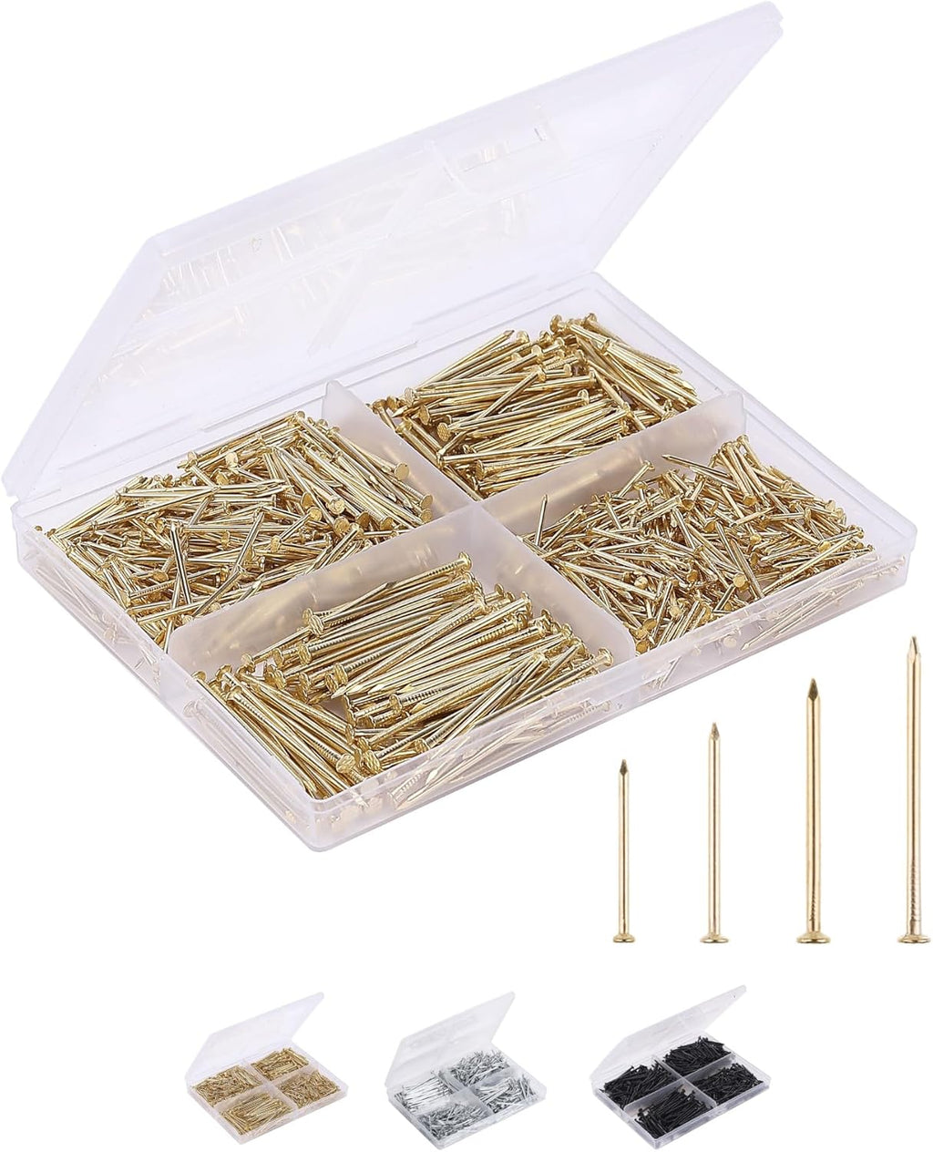 Nail Assortment Kit, 600 Pcs, 4 Sizes, Gold, Small Nails, Nails for Hanging Pictures, Finishing Nails, Wall Nails for Hanging, Pin Nails, Hardware Nails, Assorted Nails, Galvanized Nails