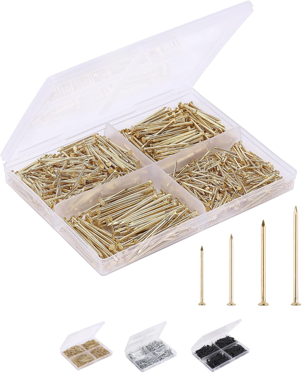 Nail Assortment Kit, 600 Pcs, 4 Sizes, Gold, Small Nails, Nails for Hanging Pictures, Finishing Nails, Wall Nails for Hanging, Pin Nails, Hardware Nails, Assorted Nails, Galvanized Nails