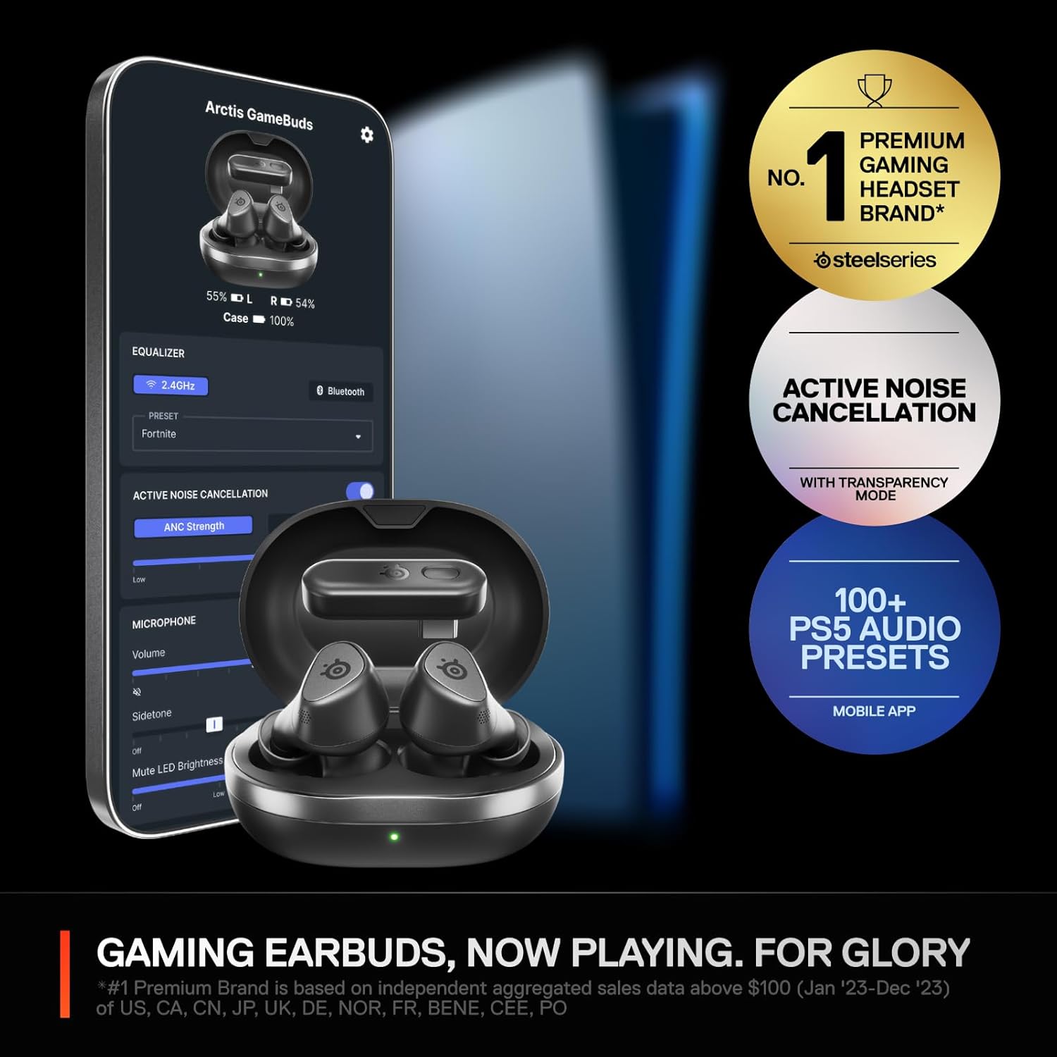 Arctis GameBuds for PlayStation/PC/Switch/Mobile ¡ª 2.4GHz + Bluetooth 5.3 Earbuds ¡ª Active Noise Cancelling ¡ª Mobile App Sound Presets ¡ª Water Resistant IP55 ¡ª 40H Battery with Qi Charging Case