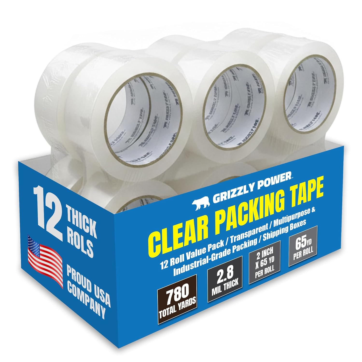 Grizzly Power Clear Packing Tape (12 Rolls) | Heavy Duty Packing Tape (2 Inch x 65 Yards) | 2.8mil Thick Strong Adhesive for Moving Boxes, Shipping Cartons, Office Use, Storage Wrapping (780 Yards)