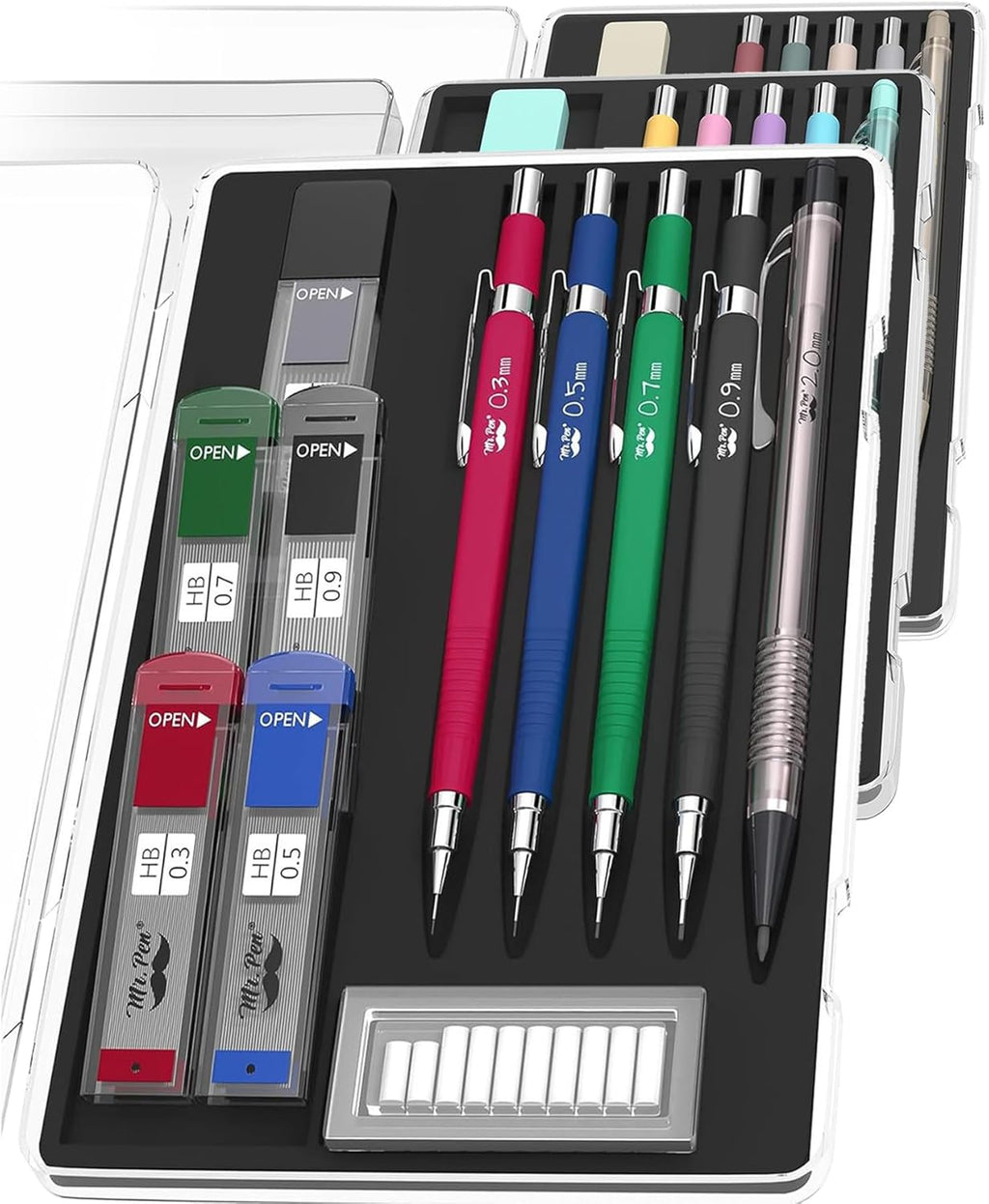 Mechanical Pencil Set with Lead and Eraser Refills, 5 Sizes - 0.3, 0.5, 0.7, 0.9 and 2 Millimeters, Drafting, Sketching, Illustrations, Architecture, Christmas Gift