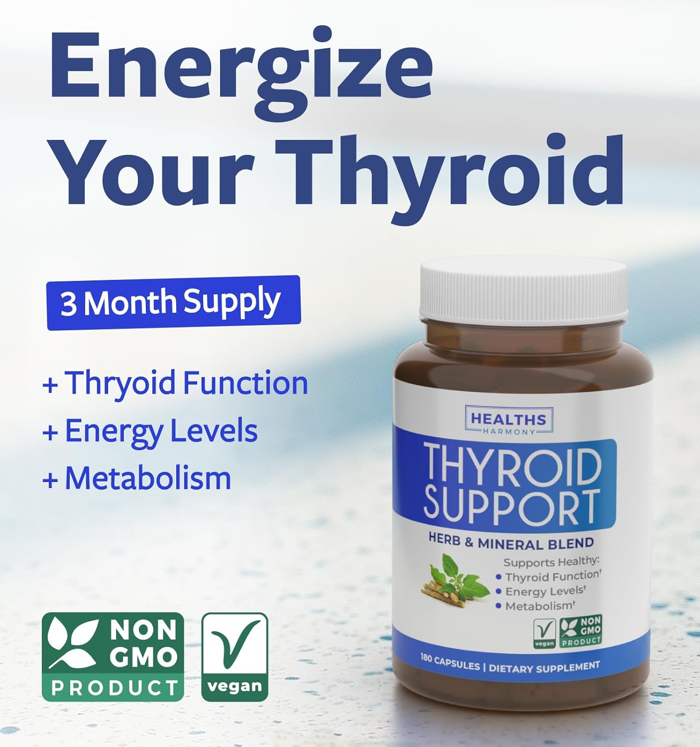Thyroid Support with Iodine - 120 Capsules (Non-GMO) ImpYour Energy - Ashwagandha Root, Zinc, Selenium, Vitamin B12 Complex - Thyroid Health Supplement for Women and for Men - 60 Day Supply