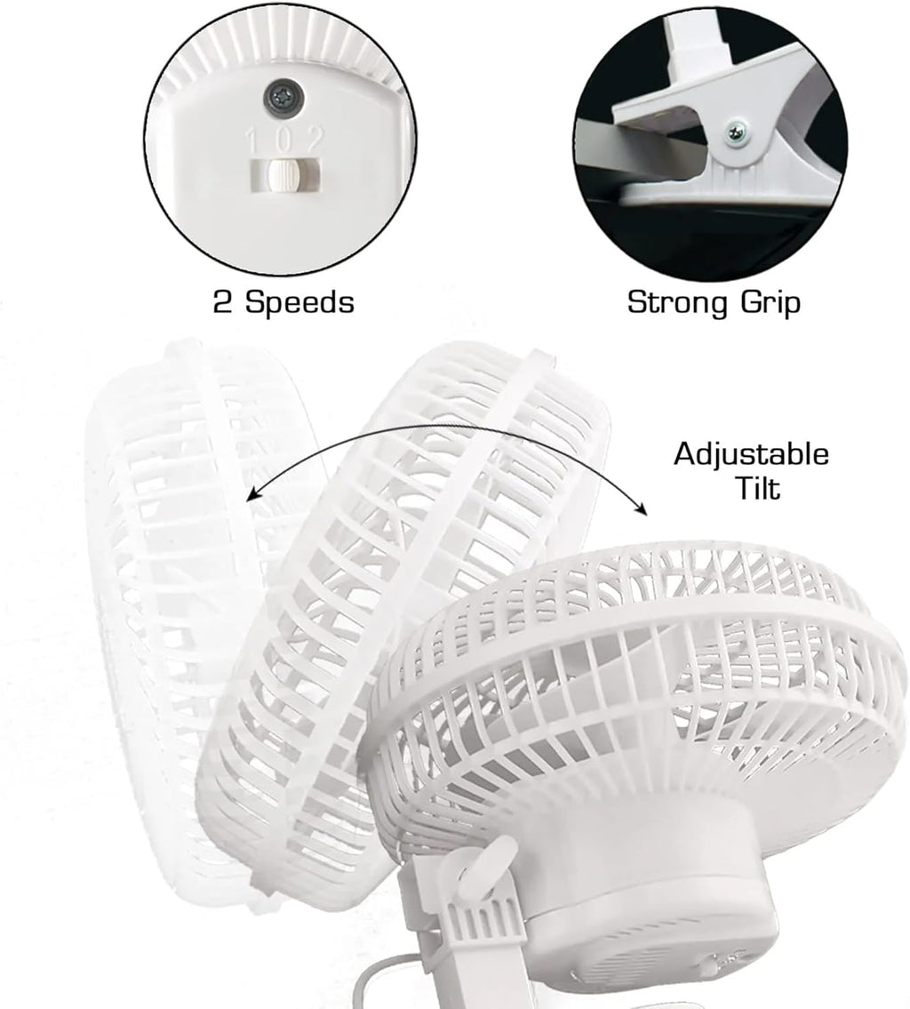 Hurricane 2-Pack Classic Clip-On Table Fan with 2 Quiet Speeds, White, 6inch - Portable Corded Electric Air Cooling Unit with 306 CFM and Adjustable Tilt for Desk, Shelf, Home, Office or Dorm Use