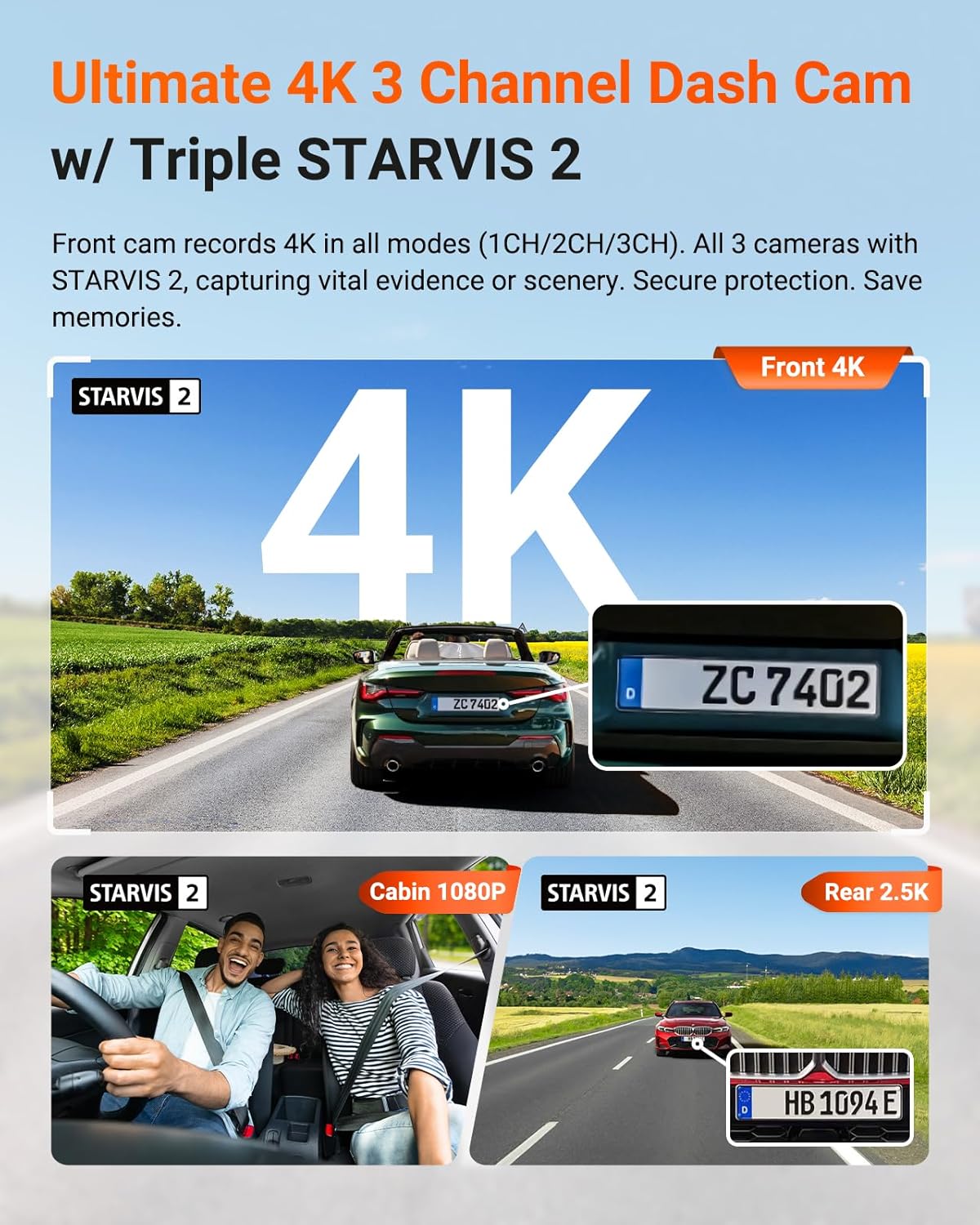 Vantru N Pr 4 Channe Das Ca w/Tripl STARVI 2 4K+1080P+2.5 Fron Insid Rea Das Camera 4k+2.5 Dua Channel HD I Nigh Vision Voic Control Parkin Mode GPS Wi-Fi Suppor 1TB
