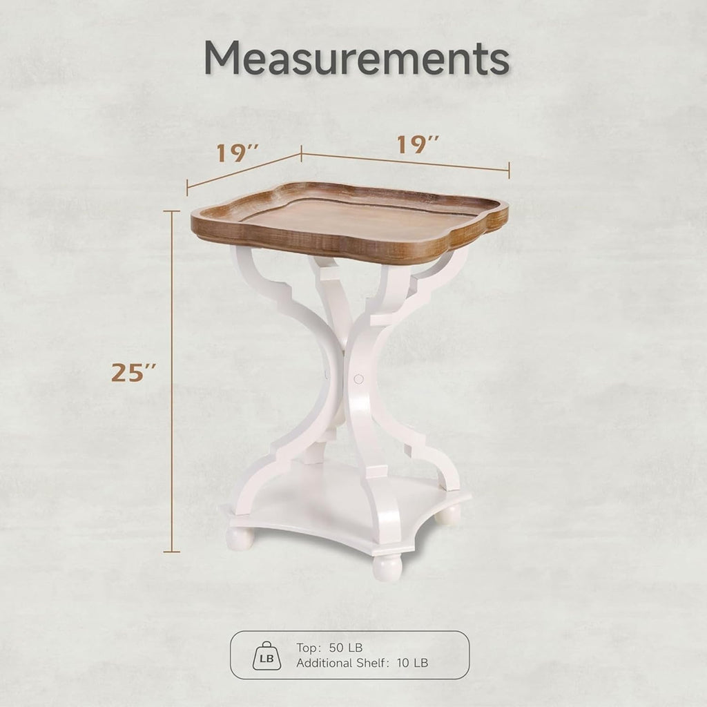 COZAYH Square End Table with Rustic Wood Tray Top and White Curved Legs, 19inchx19inchx25inch ¨C French Country Accent for Bedroom, Living Room, Dining or Entryway ¨C Farmhouse-Style Furniture Piece