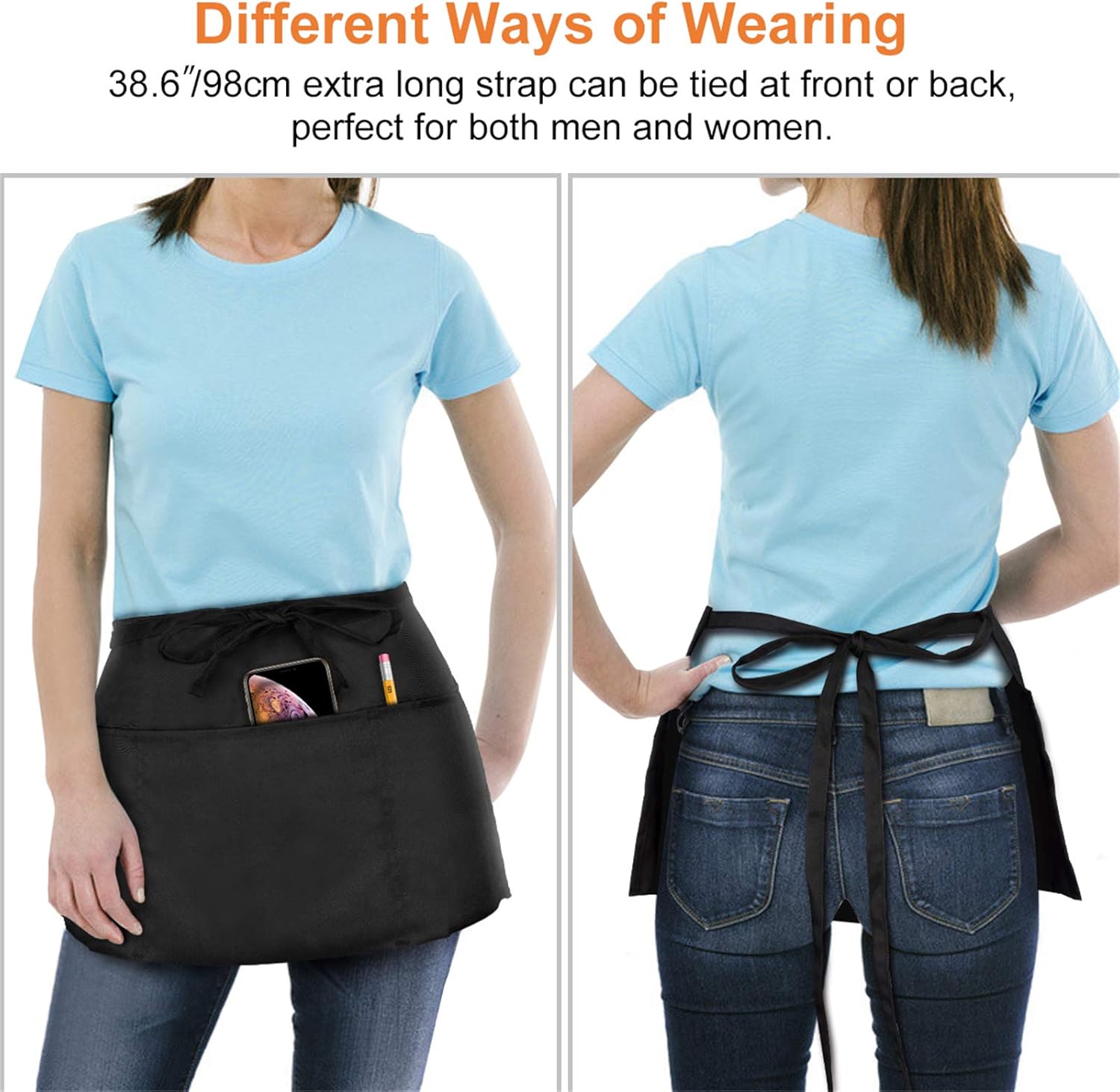 2 Pack Waitress Apron with 3 Pockets - Water Oil Resistant - Black Waist Aprons for Servers - Half Aprons for Women - 12 Inch