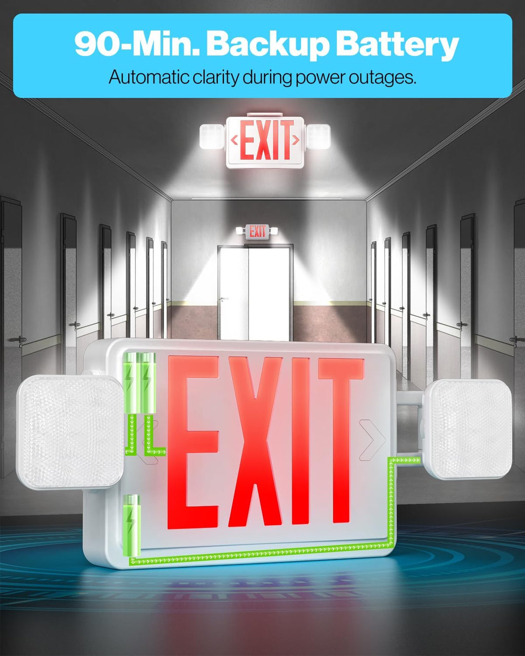 Sunc 1 Pac Re Exi Sign Wit Emergenc Lights Tw Adjustabl Squar LE Lights 94V- Fir Resistant Backu Battery 120-277V Wal O Ceilin Mount Commercia Grad Doubl Sided.