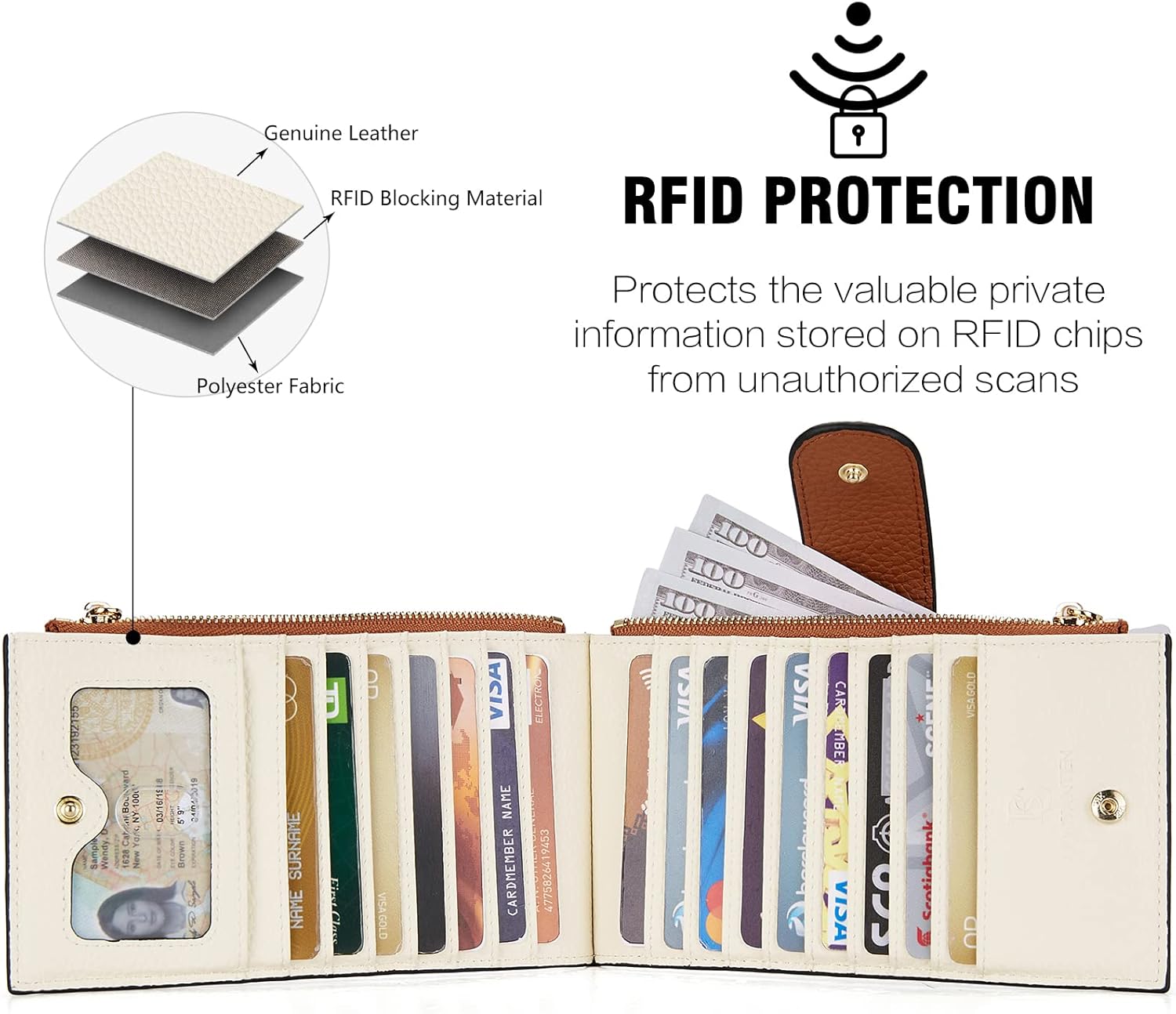 BOSTANTEN Leather Wallets for Women Large RFID Blocking Slim Bifold Purse Card Holder with Zipper Pocket