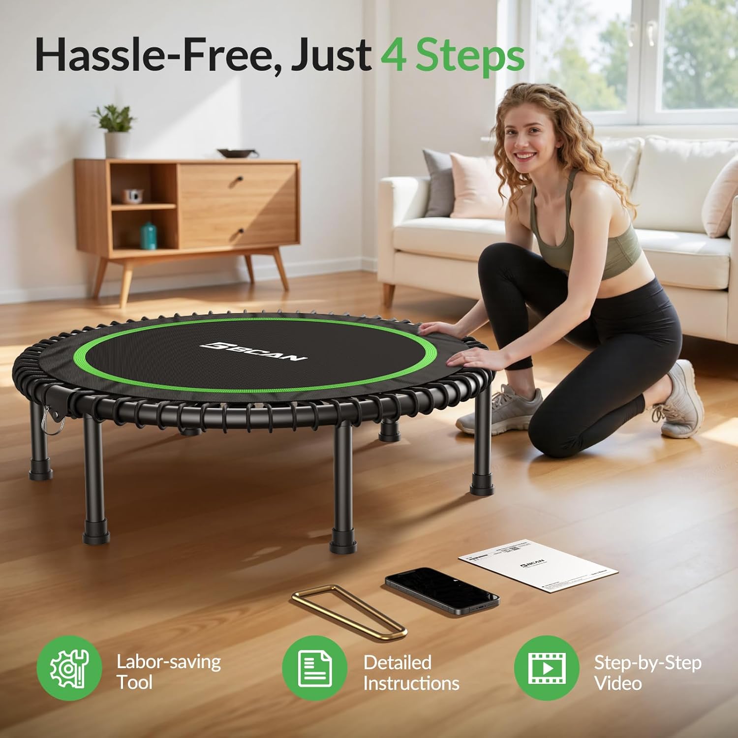 BCAN 450LBS/550LBS Foldable Mini Trampoline, 40inch/48inch Adult Fitness Trampoline with Durable Bungees, Stable & Quiet Exercise Rebounder,Great Mini Trampoline for Indoor/Garden Workout