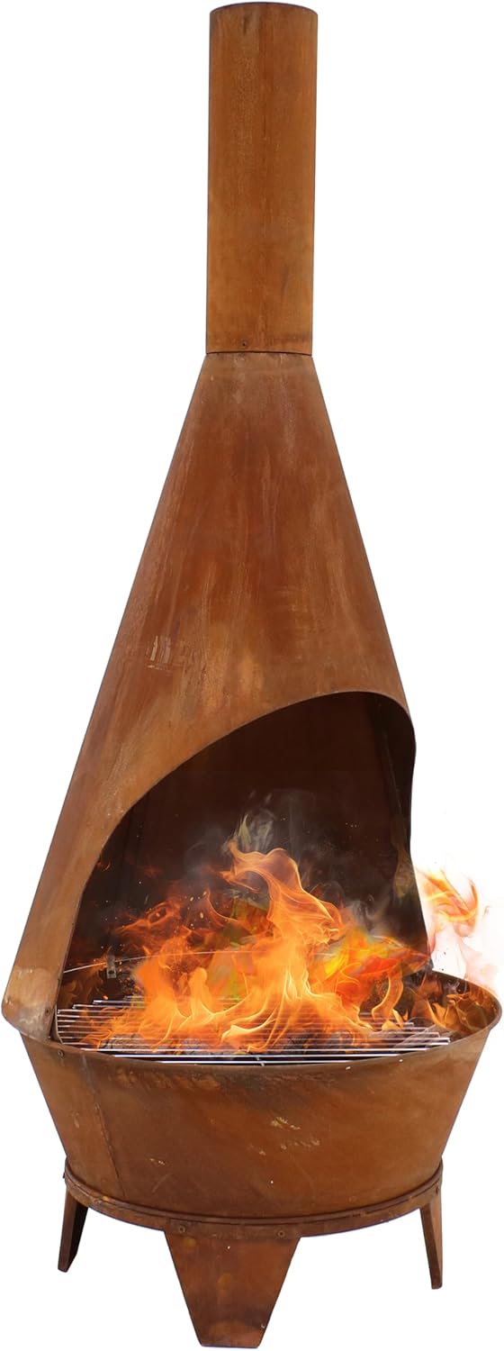 Sunnydaz 6-Foo Larg Chimine Outdoo Fireplac Outdoo Wood-Burnin Fireplac Chimne Fir Pi wit Gril Grat Rustic