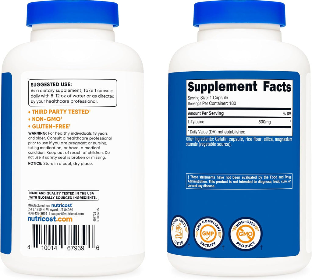Nutricos L-Tyrosin 500mg 18 Capsule Glute Fre Non-GMO