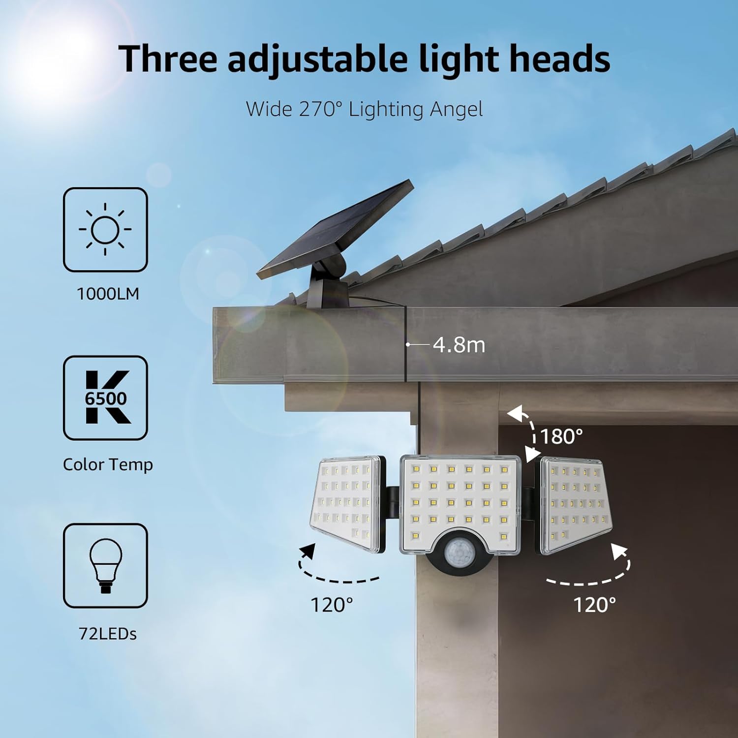 Solar Lights for Outside, WL5000 Motion Activated Security Lights, Separate Solar Panel, 3 Adjustable Head 270¡ã Wide Lighting Angle, IP65 Waterproof Wall Lamp for Porch Yard Garage, 2 Packs