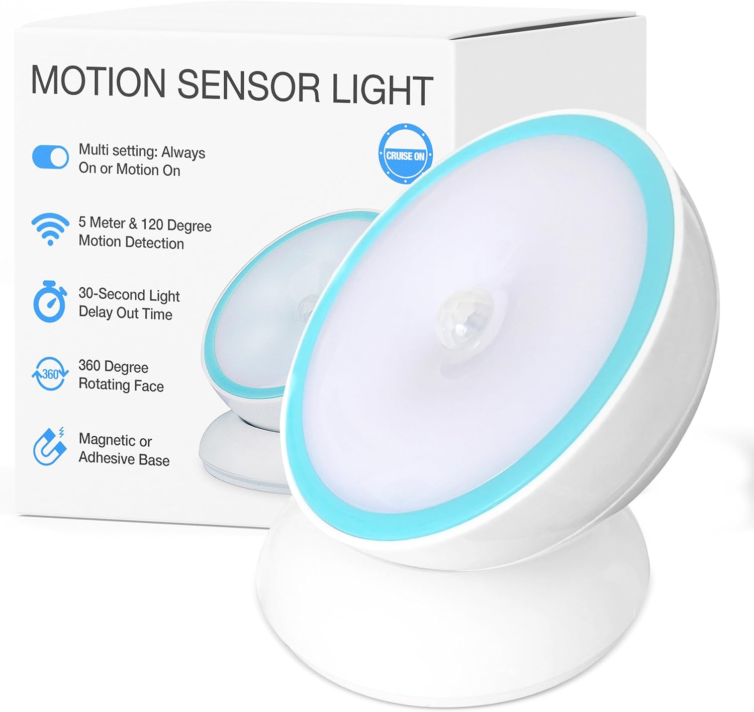 Cruis O Motion-Activate Batter LE Ligh wit Magneti Base 360 Rotatin Nigh Lam fo Closets Bathrooms Hallway Cabinets Wireless Eas Install Aut Senso fo Hands-Fre Illumination
