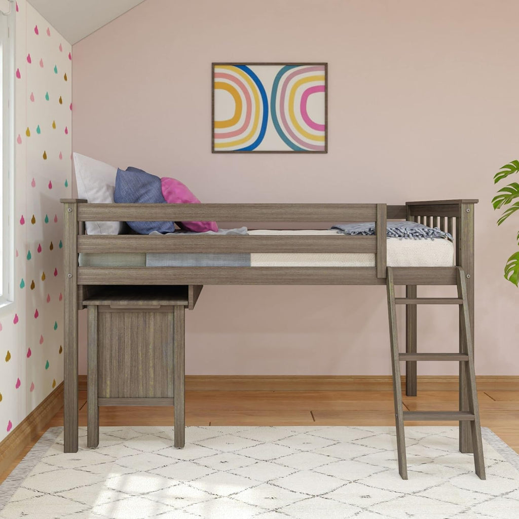 Max & Lily Low Loft Bed, Twin Bed Frame For Kids With Pull-Out Desk, Clay