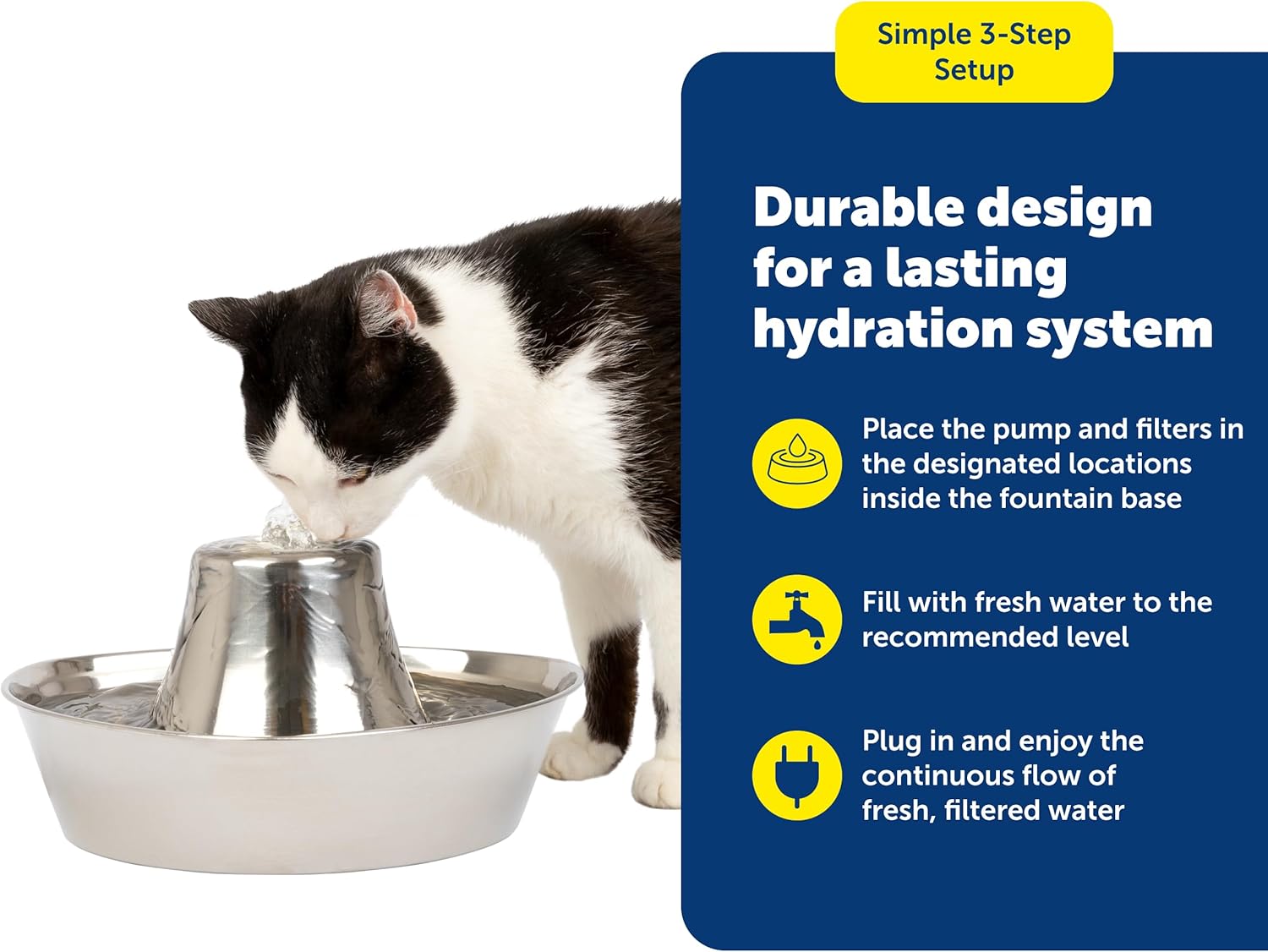PetSafe Seaside Stainless Pet Fountain - Encourages Hydration - Dual Filtration Removes Odors - Compact Design - Rust Resistant Material - Quiet Motor -