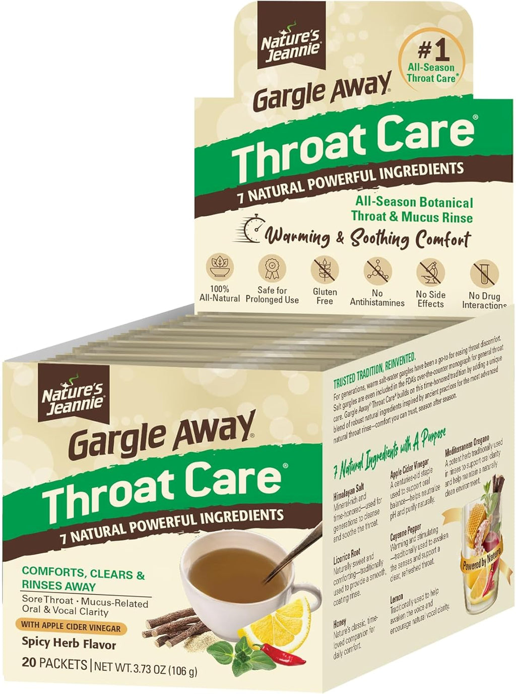 Nature¡¯s Jeannie All-Natural Throat Care ¨C Soothing Botanical Rinse for Throat, Mucus-Related, Oral, Vocal Clarity - Seasonal & Daily Wellness (20 Packets, Warming Spicy Herb Flavor)