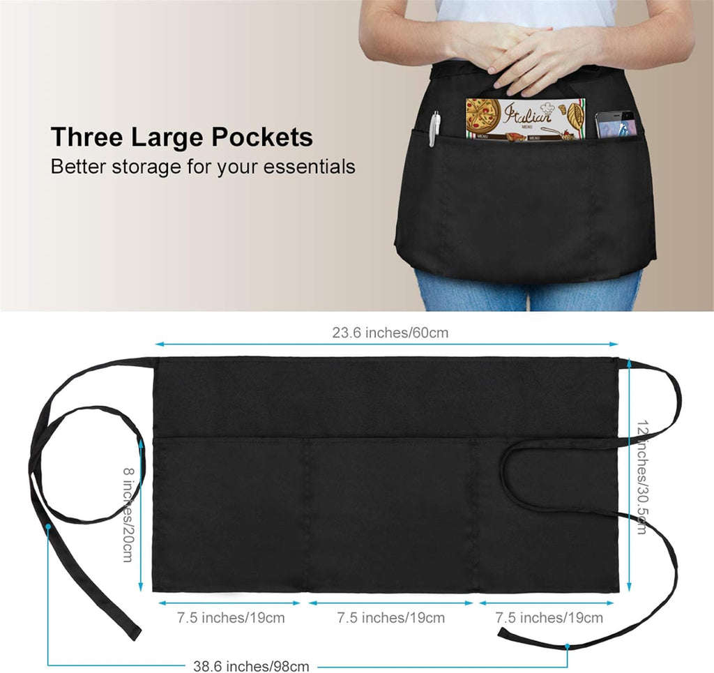 2 Pack Waitress Apron with 3 Pockets - Water Oil Resistant - Black Waist Aprons for Servers - Half Aprons for Women - 12 Inch