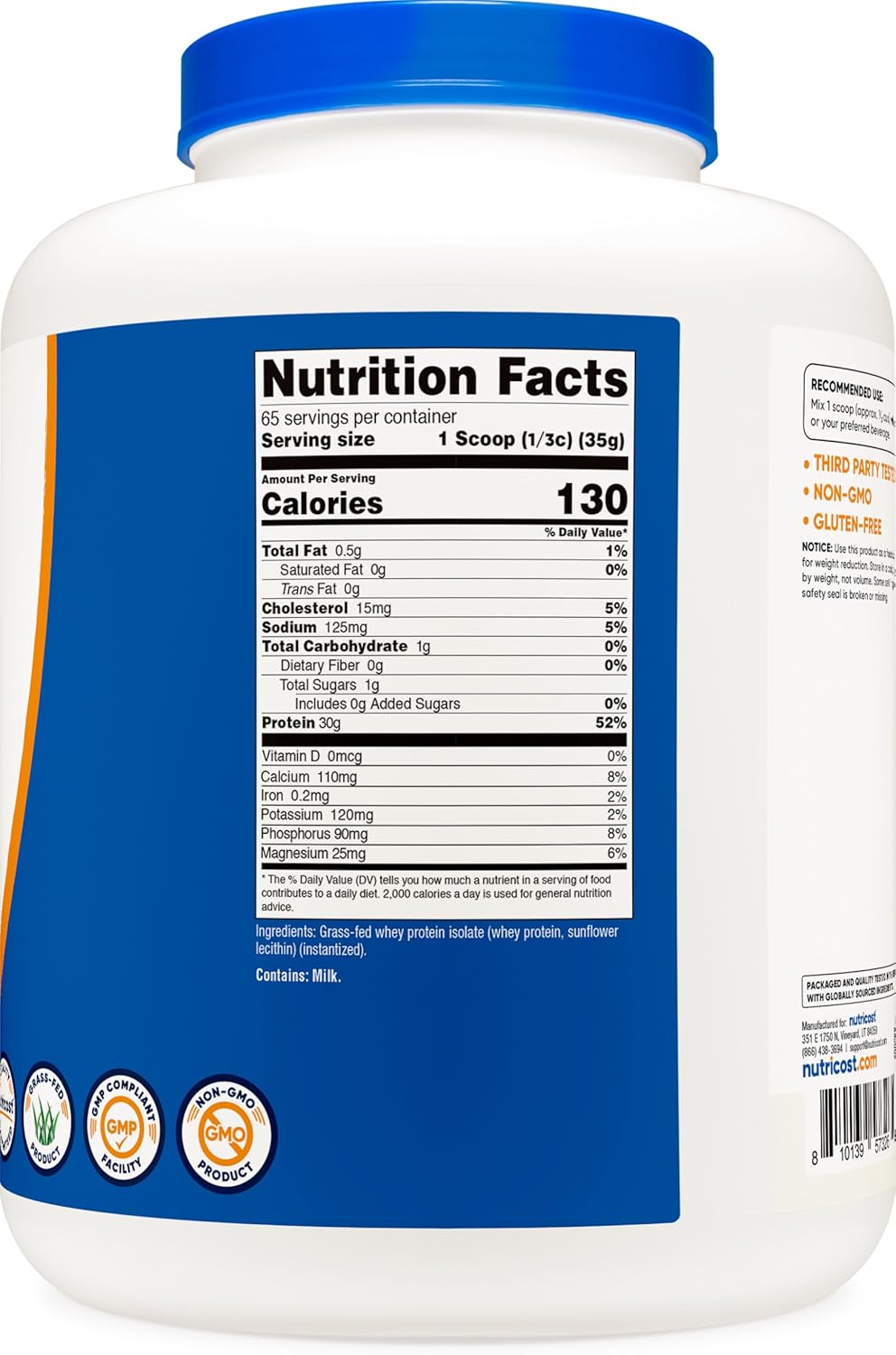 Nutricost Grass-Fed Whey Protein Isolate (Unflavored) 5LBS - rBGH Free, Non-GMO Gluten Free