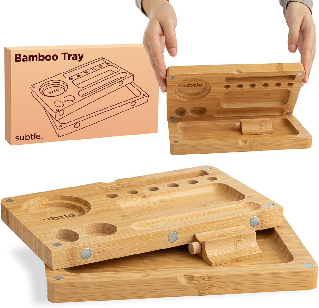 Foldable Bamboo Tray with Magnetic Lid - Durable, Easy to Clean - Portable, Perfect for Home Storage or Travel, Decorative-Tray - Gifts for Him - 8.5inch x 5inch