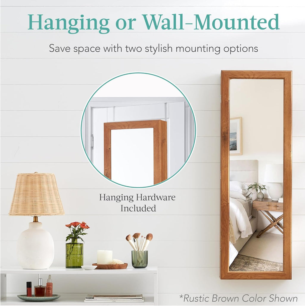 Best Choice Products LED Mirror Jewelry Cabinet, Tall Lockable Wall or Door Mounted Jewelry Armoire Organizer with Mirror, 2 Drawers, Lock, Cosmetic Tray, Shelves - Gray Oak