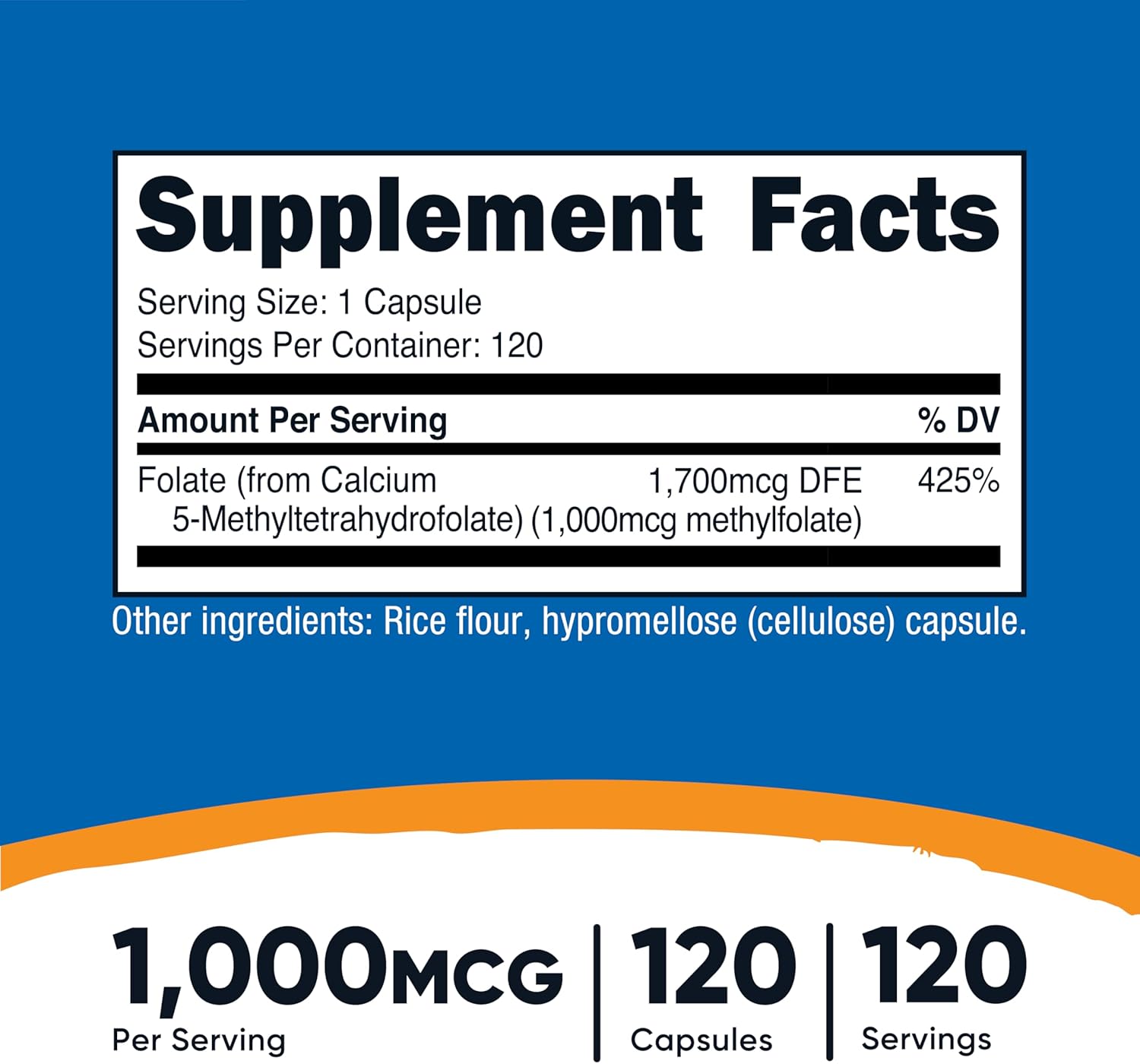 Nutricost Methylfolate 1000mcg, 120 Vegetarian Capsules - Gluten Free, Non-GMO
