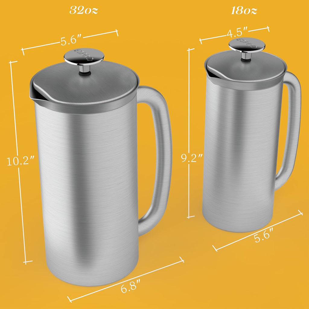 ESPRO P7 Brushed Stainless Steel French Press 304 ¨C Patented Double Walled Micro-Filter Insulated French Press Coffee Maker, Grit-Free Brew - Heat Resistant BPA Free (32oz)