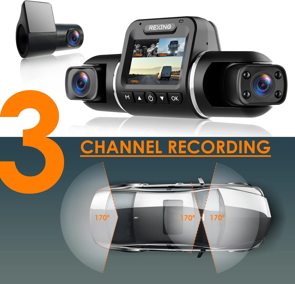 V PR A Das Ca 3-Channe Front/Cabin/Rea 1080 Recordin wit Mobil Ap Nigh Visio Camer w/Fron Collisio Warning Pedestria Alert Lan Departur Warning,Clea t G Alert